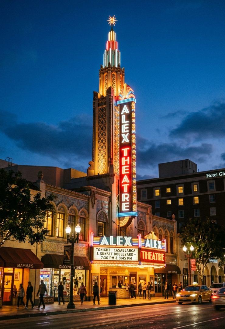 Street-level dusk photograph of the historic Alex