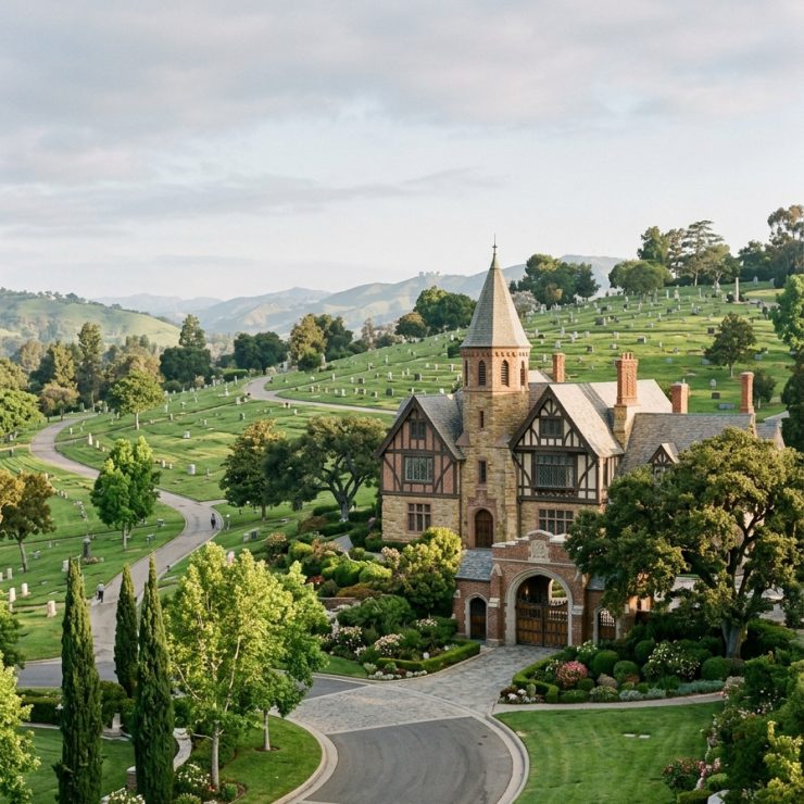 Tudor-style entrance building at Forest Lawn Glendale,